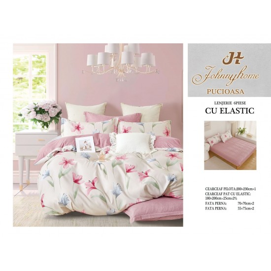 Set Lenjerie de pat din Finet Gros, Cearceaf cu ELASTIC, 6 Piese, Pat 2 Persoane, Alb-Roz, flori, LDE-171 Lenjerii Finet 6 piese cu ELASTIC