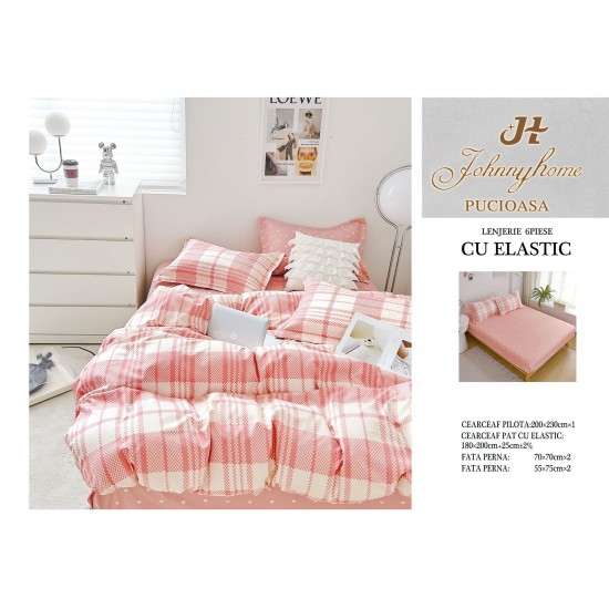 Set Lenjerie de pat din Finet Gros, Cearceaf cu ELASTIC, 6 Piese, Pat 2 Persoane, Alb-Roz, carouri, LDE-172 Lenjerii Finet 6 piese cu ELASTIC