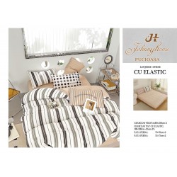 Set Lenjerie de pat din Finet Gros, Cearceaf cu ELASTIC, 6 Piese, Pat 2 Persoane, Alb-Bej, linii, LDE-174