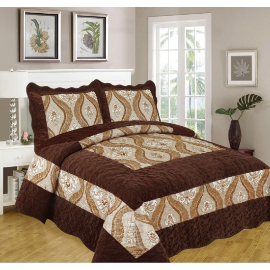Cuvertura pat dublu, 3 piese, Catifea Matlasata, 230x250cm, plus 2 fete de perna, Maro-Crem, flori, CCV-077 Cuverturi catifea 3 piese cu model
