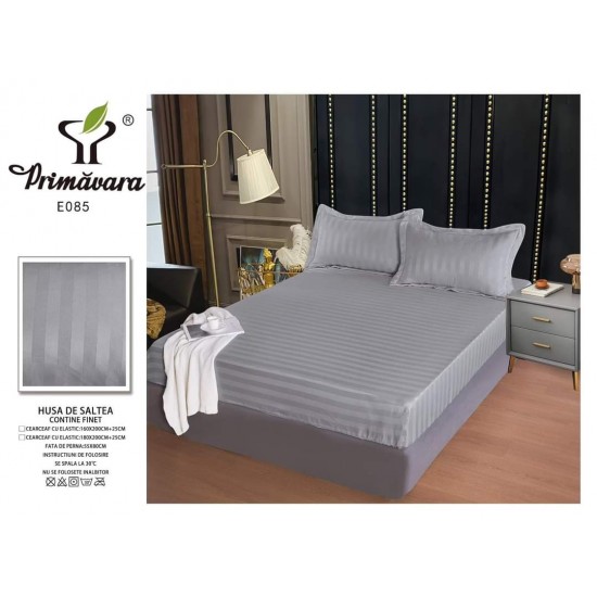 Set cearșaf cu elastic 160x200 cm din damasc finetat + 2 fețe de pernă–gri deschis, LFD-003 Huse Damasc