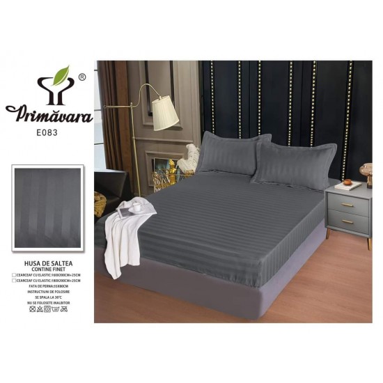 Set cearșaf cu elastic 160x200 cm din damasc finetat + 2 fețe de pernă–gri inchis, LFD-004 Huse Damasc