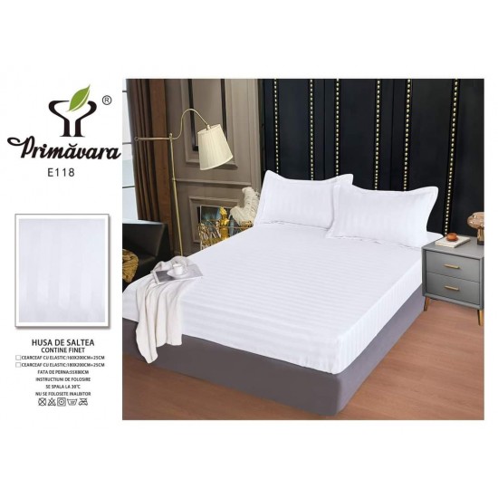 Set cearșaf cu elastic 160x200 cm din damasc finetat + 2 fețe de pernă–alb, LFD-005 Huse Damasc