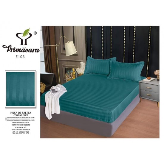 Set cearșaf cu elastic 160x200 cm din damasc finetat + 2 fețe de pernă–verde smarald, LFD-006 Huse Damasc