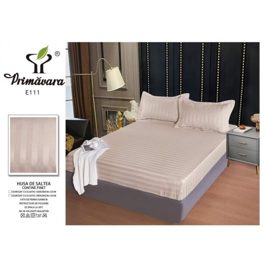 Set cearșaf cu elastic 160x200 cm din damasc finetat + 2 fețe de pernă–bej deschis, LFD-009 Huse Damasc