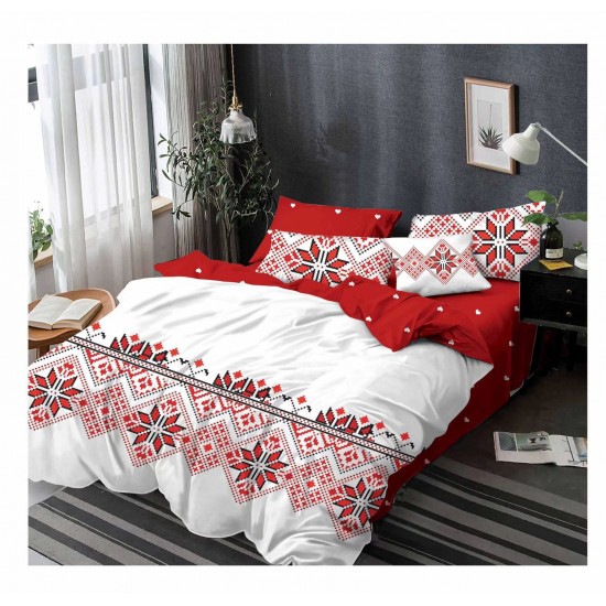 Lenjerie de pat din Finet, Jojo, 6 Piese, Pat 2 Persoane, Alb-Rosu, model traditional, PH-011 Pachet Promo