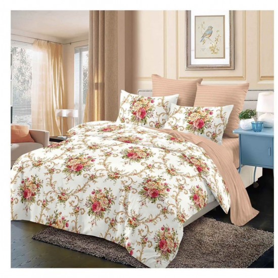 Pachet Promo: Lenjerie de pat din Finet, Jojo, 6 Piese, Pat 2 Persoane, Alb-Multicolor, flori, PAP-PH-012 Pachet Promo