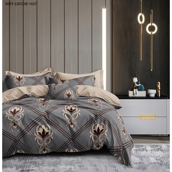 Lenjerie de pat din Finet, Jojo, 6 Piese, Pat 2 Persoane, Gri-Crem, flori, PAP-PH-014 Pachet Promo