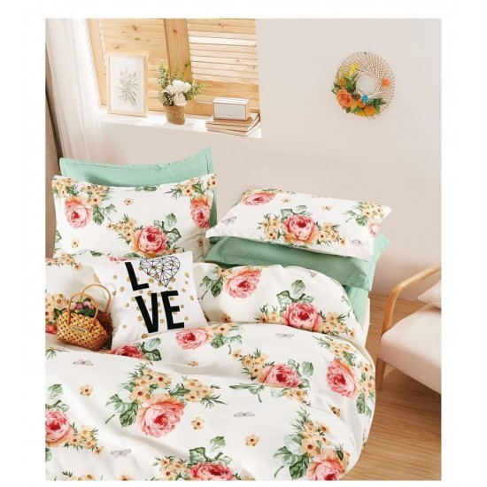 Lenjerie de pat din Finet, Jojo, 6 Piese, Pat 2 Persoane, Alb-Verde, flori, PAP-PH-015 Pachet Promo