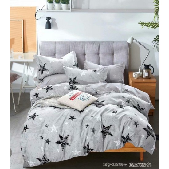 Lenjerie de pat din Finet, Jojo, 6 Piese, Pat 2 Persoane, Gri-Negru, stele, PAP-PH-016 Pachet Promo