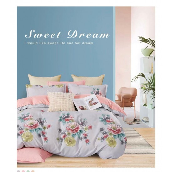 Lenjerie de pat din Finet, Jojo, 6 Piese, Pat 2 Persoane, Roz-Multicolor, flori, PAP-PH-017 Pachet Promo