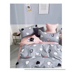 Lenjerie de pat din Finet, Jojo, 6 Piese, Pat 2 Persoane, Gri-Roz, inimi, CP-PH-023