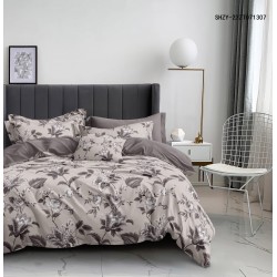 Lenjerie de pat din Finet, Jojo, 6 Piese, Pat 2 Persoane, Gri-Bej, flori, CP-PH-027