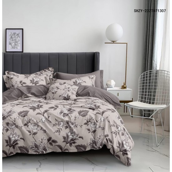 Lenjerie de pat din Finet, Jojo, 6 Piese, Pat 2 Persoane, Gri-Bej, flori, CP-PH-027 Pachet Promo