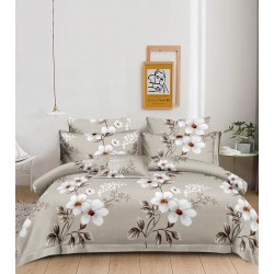 Pachet Promo: Lenjerie de pat din Finet, Jojo, 6 Piese, Pat 2 Persoane, Alb-Bej, flori, CP-PH-028