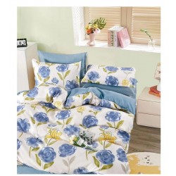 Lenjerie de pat din Finet, Jojo, 6 Piese, Pat 2 Persoane, Albastru-Alb, flori, CP-PH-031