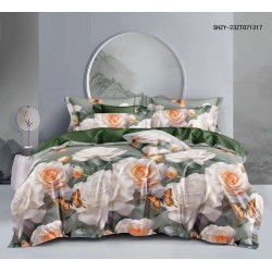Lenjerie de pat din Finet, Jojo, 6 Piese, Pat 2 Persoane, Gri-Multicolor, flori, fluturi, CP-PH-029