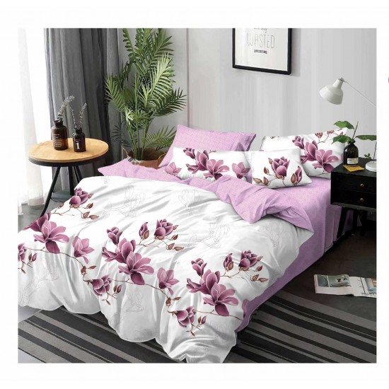 Pachet Promo: Lenjerie de pat din Finet, Jojo, 6 Piese, Pat 2 Persoane, Alb-Lila, flori, PH-033 Pachet Promo