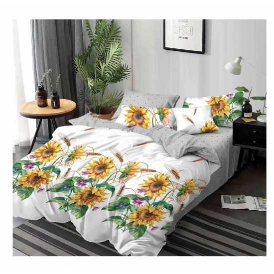 Pachet Promo: Lenjerie de pat din Finet, Jojo, 6 Piese, Pat 2 Persoane, Alb-Multicolor, flori, PH-038 Pachet Promo