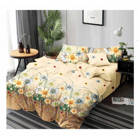 Lenjerie de pat din Finet, Jojo, 6 Piese, Pat 2 Persoane, Crem-Multicolor, flori, PH-043 Pachet Promo