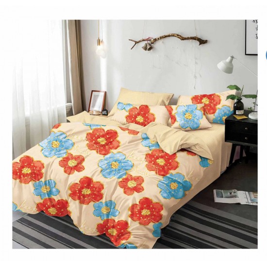 Lenjerie de pat din Finet, Jojo, 6 Piese, Pat 2 Persoane, Crem-Multicolor, flori, PAP-PH-059 Pachet Promo