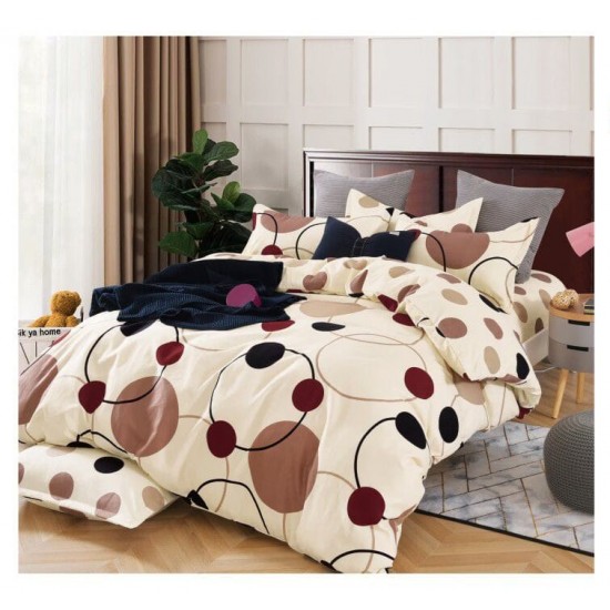 Lenjerie de pat din Finet, Jojo, 6 Piese, Pat 2 Persoane, Crem-Maro, cercuri, PAP-PH-060 Pachet Promo