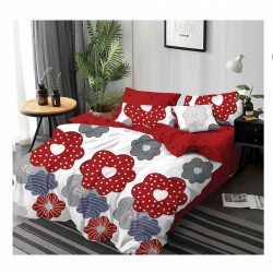 Lenjerie de pat din Finet, Jojo, 6 Piese, Pat 2 Persoane, Alb-Rosu, flori, PAP-PH-078