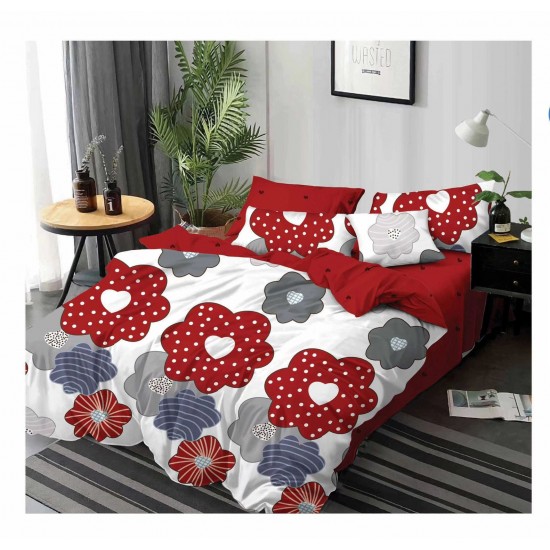 Lenjerie de pat din Finet, Jojo, 6 Piese, Pat 2 Persoane, Alb-Rosu, flori, PAP-PH-078 Pachet Promo