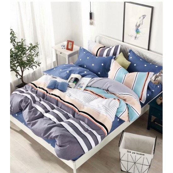 Lenjerie de Pat din Finet, 4 Piese, Pat 1 Persoana, Albastru-Multicolor, linii, LFS-041 Lenjerii Finet 1 persoana