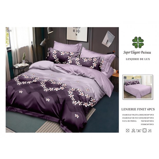 Set Lenjerie de Pat din Finet cu 2 Fete, 6 Piese, Pat 2 Persoane, Mov-Lila, flori, LDF-017 Lenjerii Finet 6 piese
