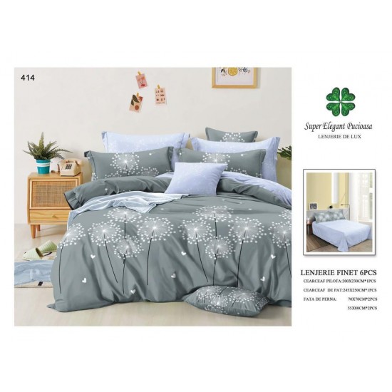 Set Lenjerie de Pat din Finet cu 2 Fete, 6 Piese, Pat 2 Persoane, Gri-Blue, flori, LDF-075 Lenjerii Finet 6 piese