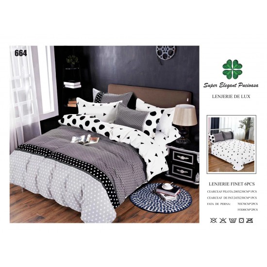 Set Lenjerie de Pat din Finet cu 2 Fete, 6 Piese, Pat 2 Persoane, Alb-Negru, buline, LDF-076 Lenjerii Finet 6 piese