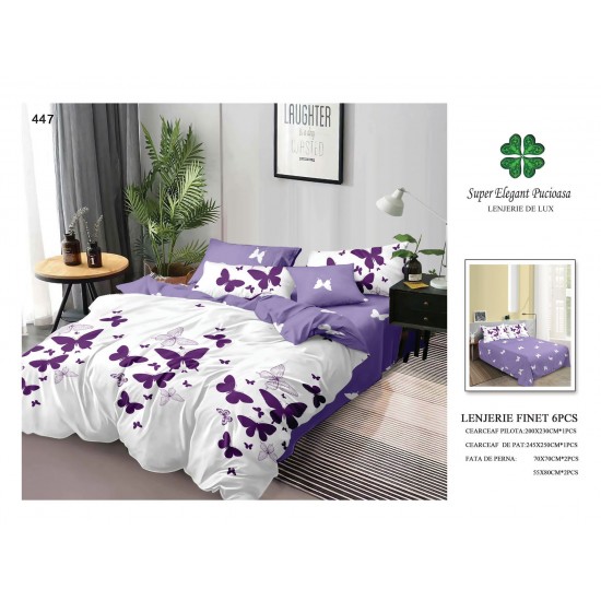 Set Lenjerie de Pat din Finet cu 2 Fete, 6 Piese, Pat 2 Persoane, Alb-Mov, fluturi, LDF-078 Lenjerii Finet 6 piese