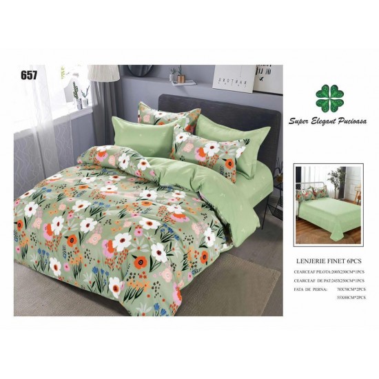 Set Lenjerie de Pat din Finet cu 2 Fete, 6 Piese, Pat 2 Persoane, Verde-Multicolor, flori, LDF-079 Lenjerii Finet 6 piese