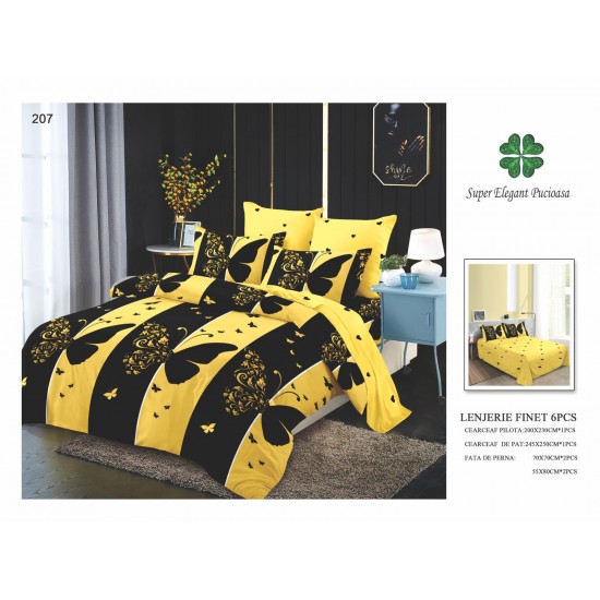 Set Lenjerie de Pat din Finet cu 2 Fete, 6 Piese, Pat 2 Persoane, Negru-Galben, fluturi, LDF-080 Lenjerii Finet 6 piese