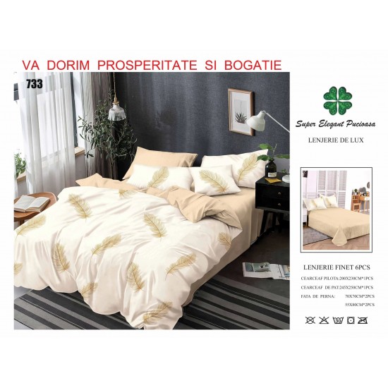 Set Lenjerie de Pat din Finet cu 2 Fete, 6 Piese, Pat 2 Persoane, Crem-Bej, pene, LDF-083 Lenjerii Finet 6 piese