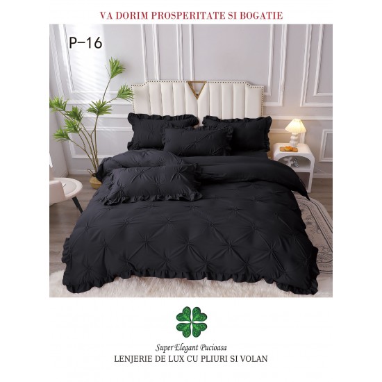 Lenjerie de pat dublu finet 4 piese cu pliuri și volănașe–negru, LDI-075 Lenjerii cu Pliuri