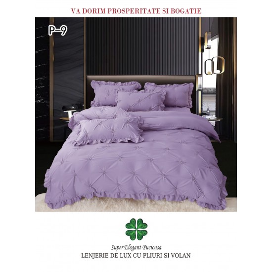 Lenjerie de pat dublu finet 4 piese cu pliuri și volănașe–mov lavanda, LDI-087 Lenjerii cu Pliuri