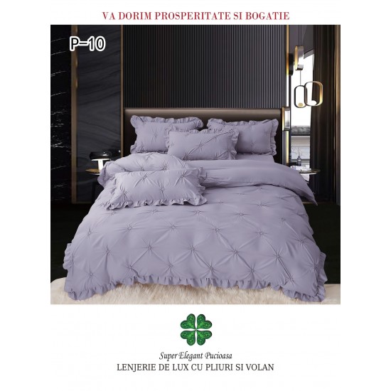 Lenjerie de pat dublu finet 4 piese cu pliuri și volănașe–gri, LDI-084 Lenjerii cu Pliuri