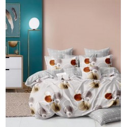 Lenjerie pat dublu, 4 piese, Bumbac Satinat Superior, Alb-Gri, cercuri, LDBS-054