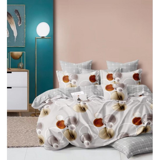 Lenjerie pat dublu, 4 piese, Bumbac Satinat Superior, Alb-Gri, cercuri, LDBS-054 3 lenjerii la 199 lei