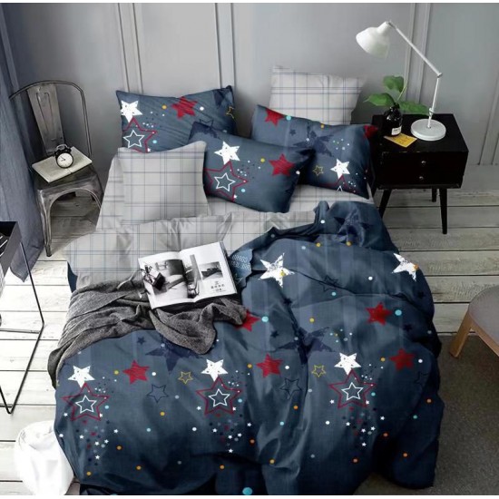 Lenjerie de Pat din Finet, 4 Piese, Pat 1 Persoana, Albastru-Gri, stele, LFS-083 Lenjerii Finet 1 persoana