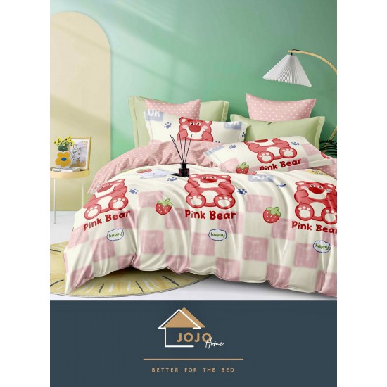 Lenjerie de Pat din Finet, 4 Piese, Pat 1 Persoana, Alb-Multicolor, pink, bear, LFS-102 Lenjerii Finet 1 persoana