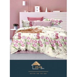 Lenjerie de Pat din Finet, 4 Piese, Pat 1 Persoana, Alb-Roz, flori, LFS-108