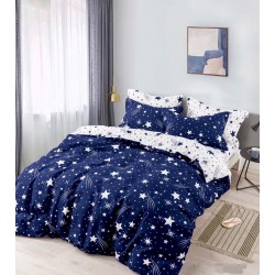 Lenjerie de Pat din Finet, 4 Piese, Pat 1 Persoana, Alb-Albastru, stele, LFS-109