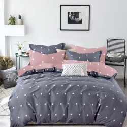 Lenjerie de Pat din Finet, 4 Piese, Pat 1 Persoana, Gri-Roz, inimioare, LFS-115