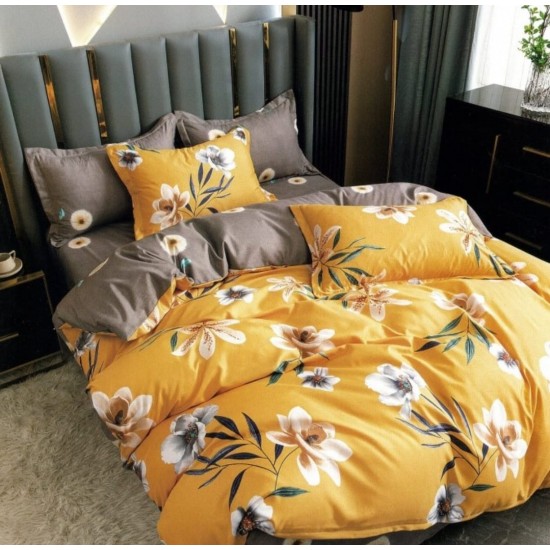 Lenjerie pat dublu, 4 piese, Bumbac Satinat Superior, Galben-Bej, flori, LDBS-208 3 lenjerii la 199 lei