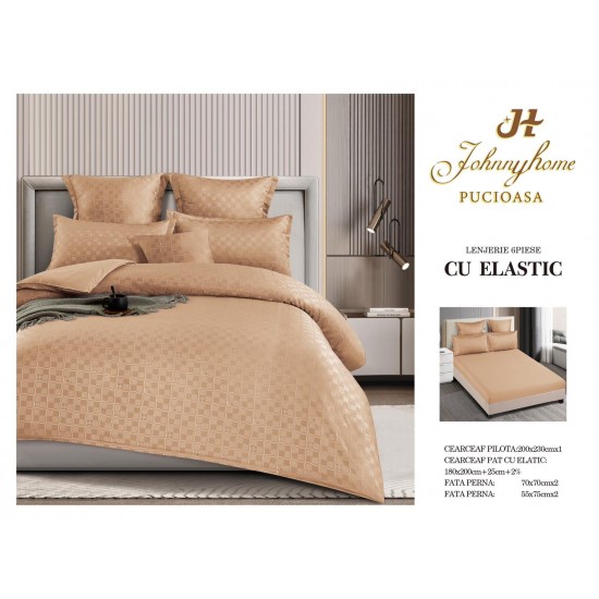 Lenjerie pat dublu, BUMBAC FINET, 6 piese, CAROURI cu ELASTIC, UNI, Bej, LFU-022 Lenjerii Finet 6 piese Uni cu ELASTIC