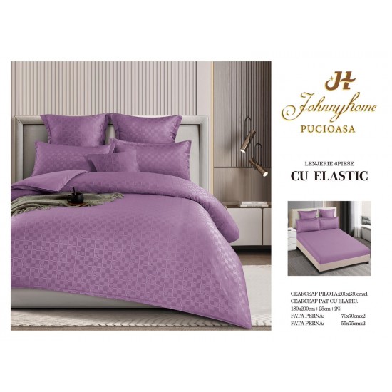 Lenjerie pat dublu, BUMBAC FINET, 6 piese, CAROURI cu ELASTIC, UNI, Mov, LFU-023 Lenjerii Finet 6 piese Uni cu ELASTIC