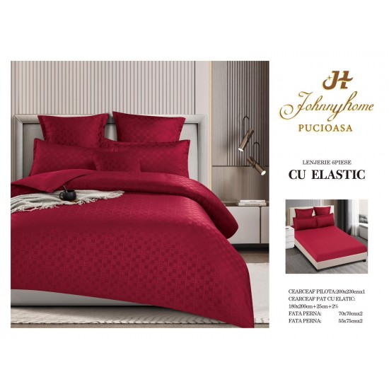 Lenjerie pat dublu, BUMBAC FINET, 6 piese, CAROURI cu ELASTIC, UNI, Bordo, LFU-025 Lenjerii Finet 6 piese Uni cu ELASTIC